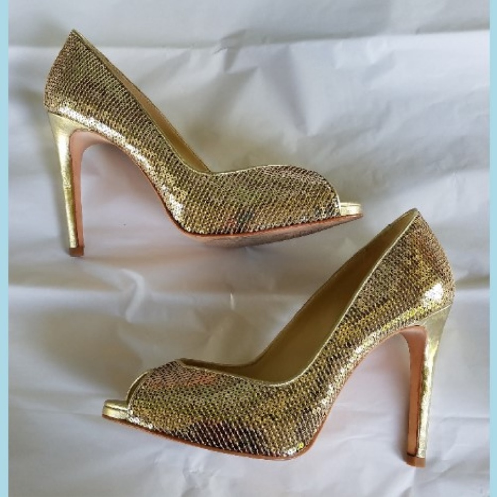 COYE NOKES Gold Sequin Peep Toe Pumps Heels Shoes